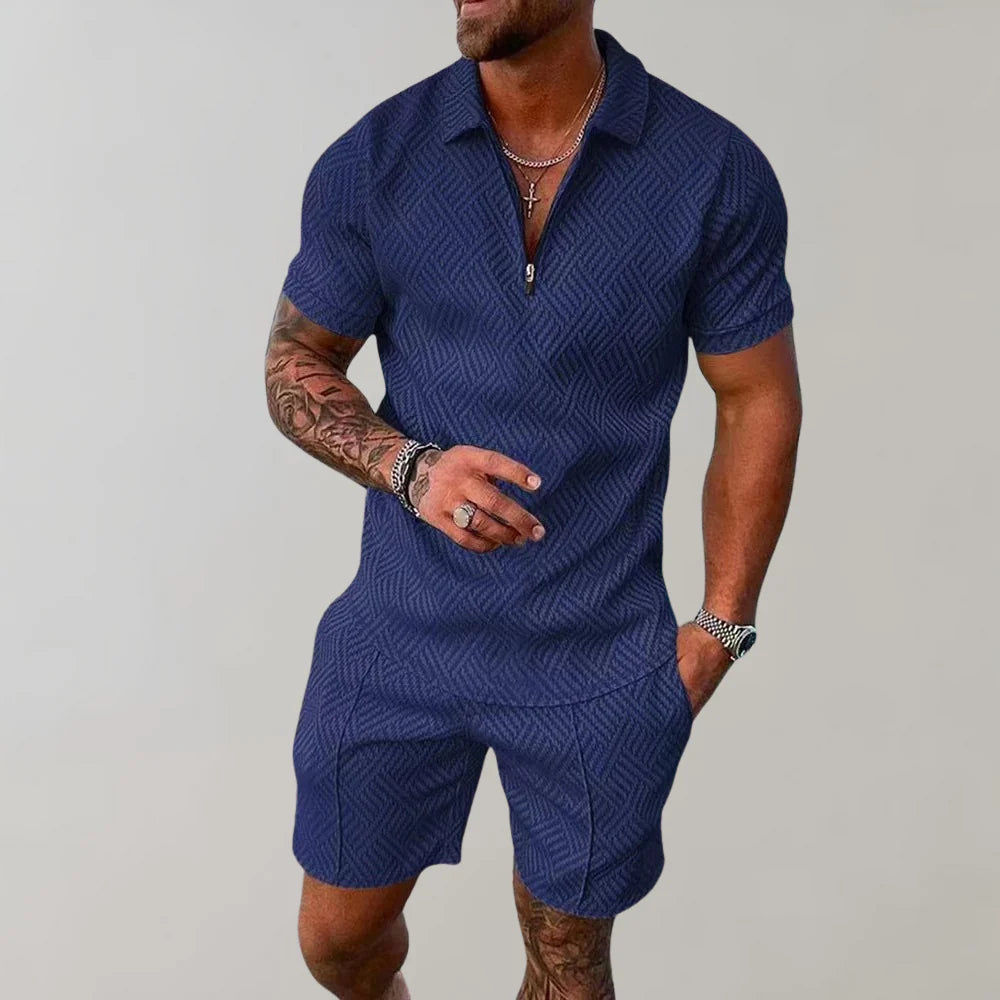 Men's Relaxed Textured Zip Polo Shirt & Shorts Set