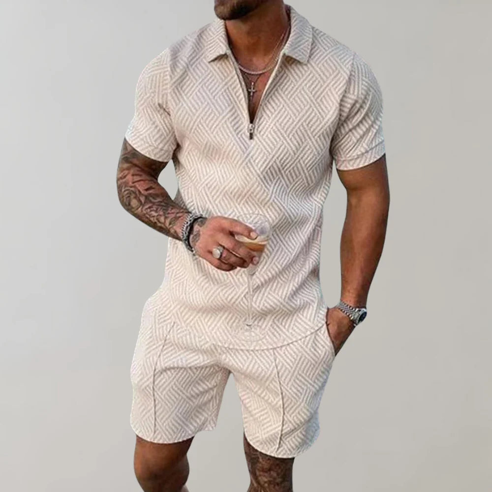 Men's Relaxed Textured Zip Polo Shirt & Shorts Set
