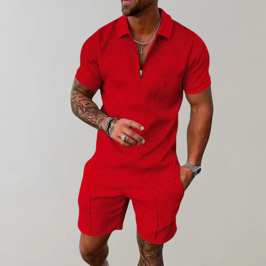 Men's Relaxed Textured Zip Polo Shirt & Shorts Set