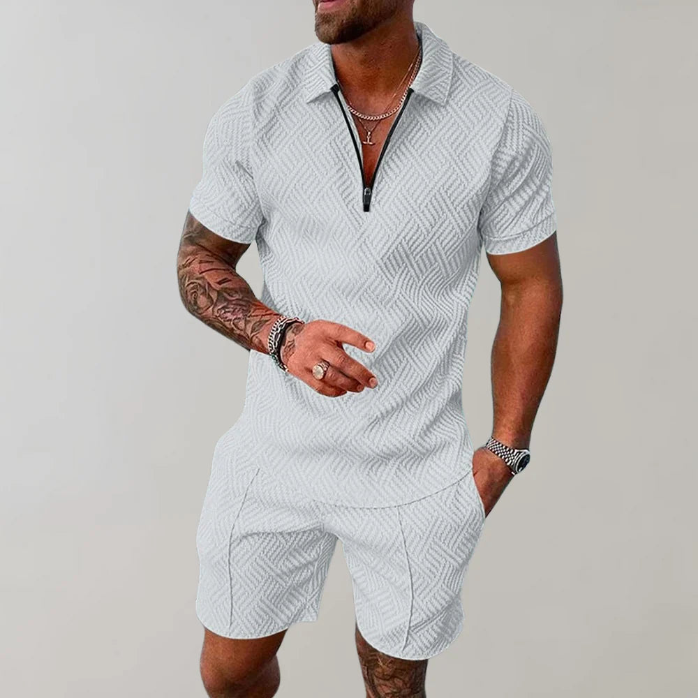 Men's Relaxed Textured Zip Polo Shirt & Shorts Set