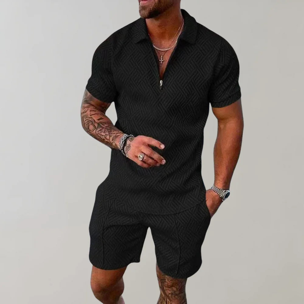 Men's Relaxed Textured Zip Polo Shirt & Shorts Set