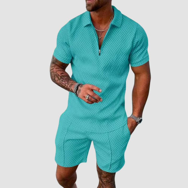 Men's Relaxed Textured Zip Polo Shirt & Shorts Set