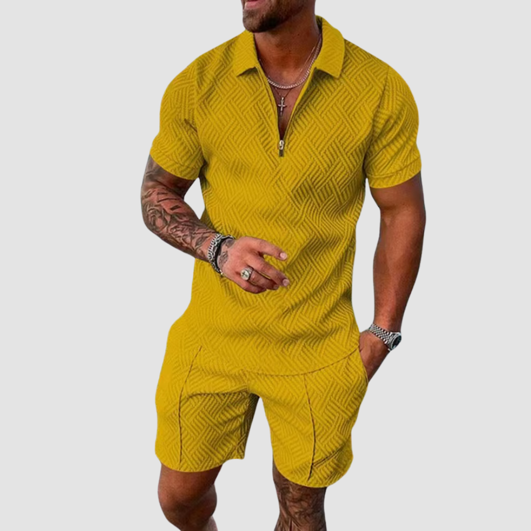 Men's Relaxed Textured Zip Polo Shirt & Shorts Set