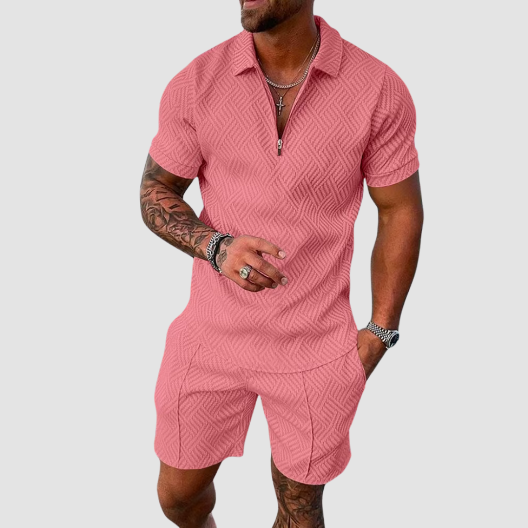 Men's Relaxed Textured Zip Polo Shirt & Shorts Set