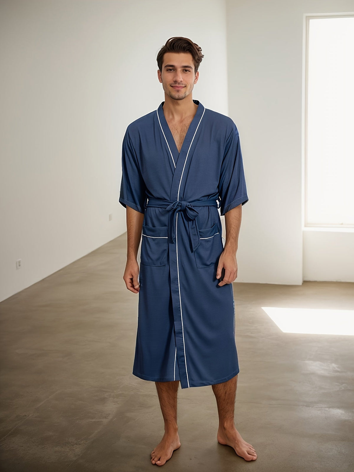Men's Short Sleeve Bathrobe with Double Pockets