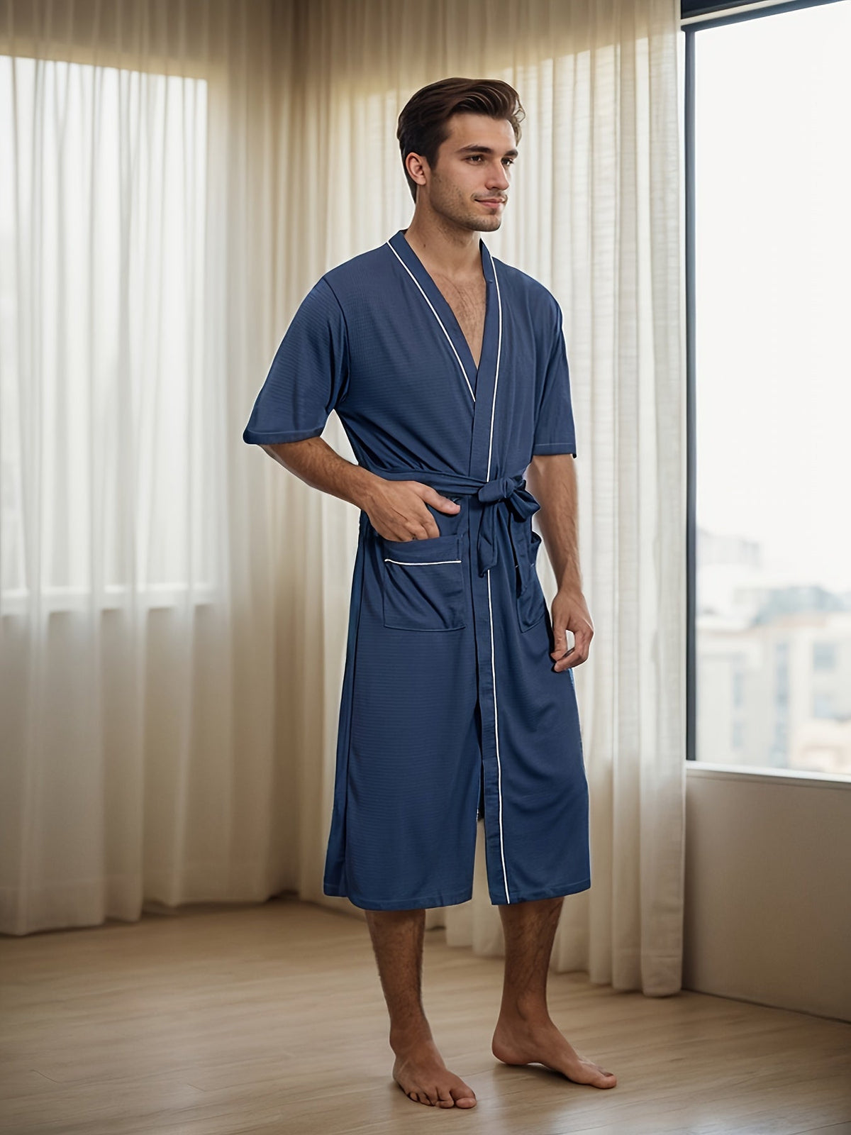 Men's Short Sleeve Bathrobe with Double Pockets