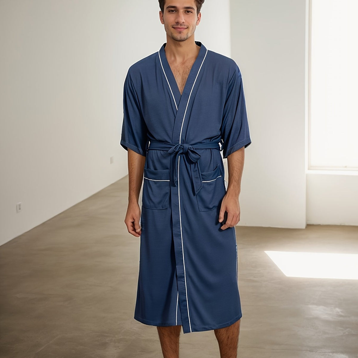 Men's Short Sleeve Bathrobe with Double Pockets