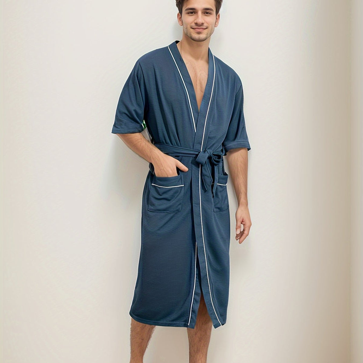 Men's Short Sleeve Bathrobe with Double Pockets