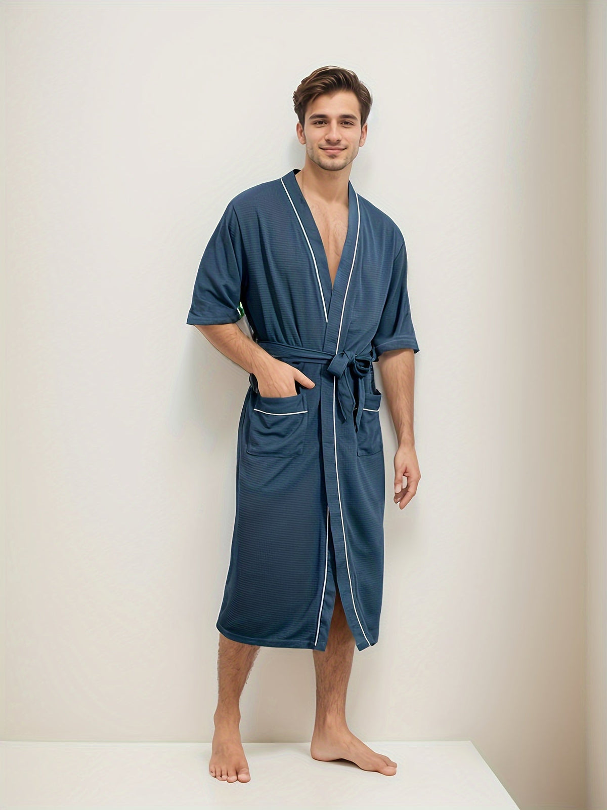Men's Short Sleeve Bathrobe with Double Pockets