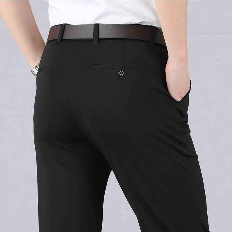Men's Slim Fit Polyester Trousers in Black, Blue, Grey and Khaki