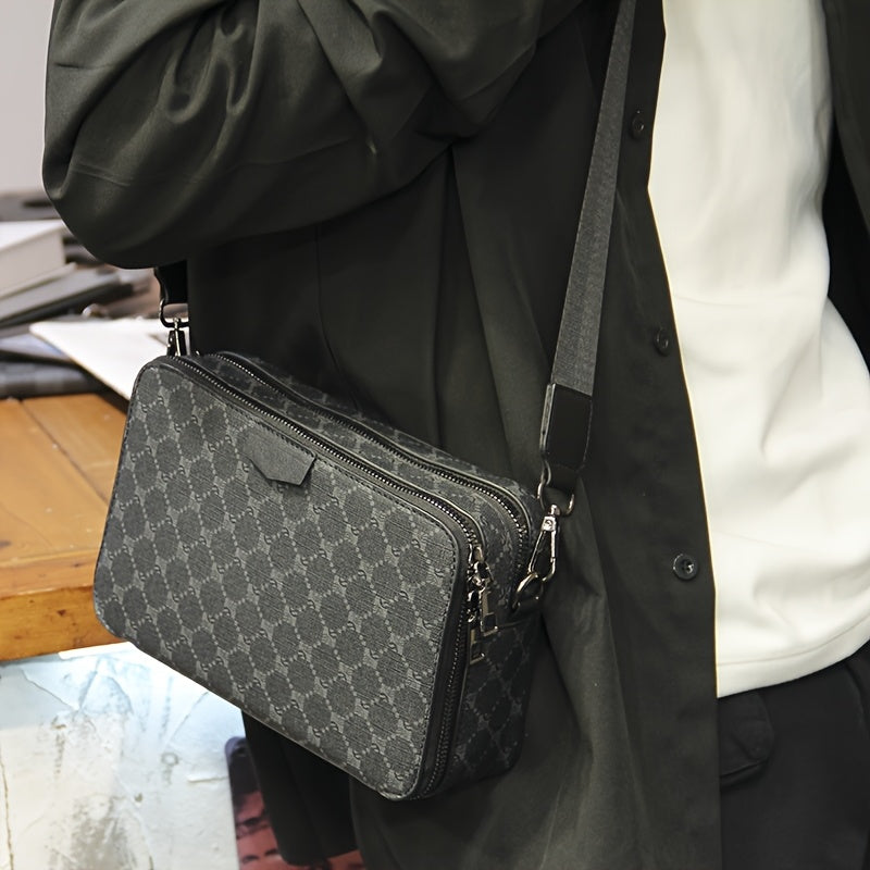Men's Streetstyle Crossbody Bag with Check Pattern - Black
