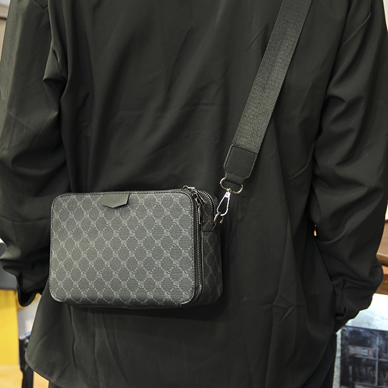 Men's Streetstyle Crossbody Bag with Check Pattern - Black
