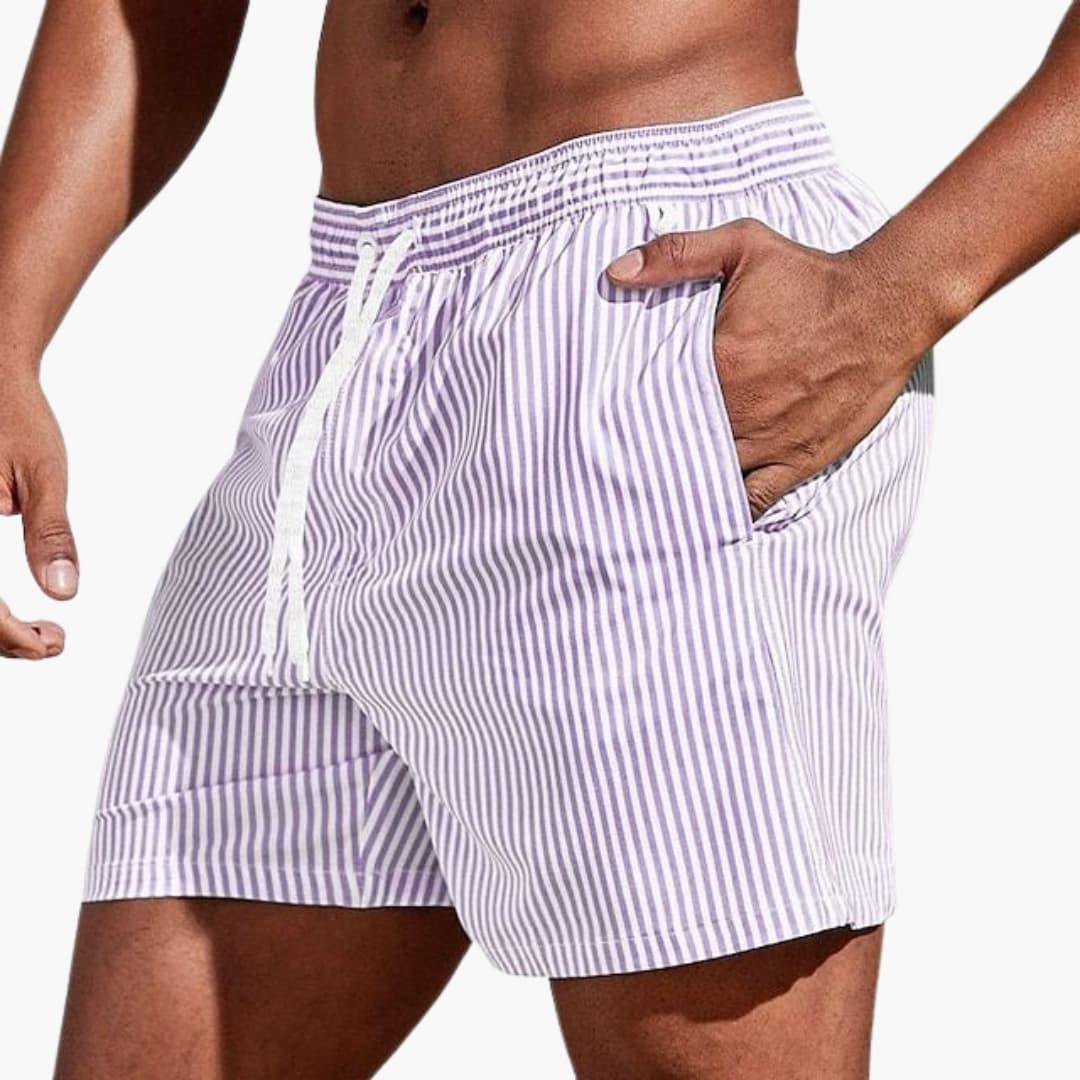 Men's Striped Board Shorts with Elastic Waistband