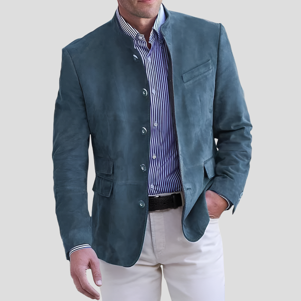 Men's suede blazer with mandarin collar