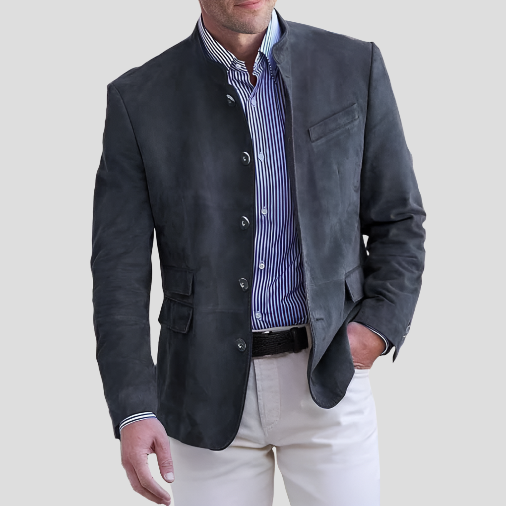 Men's suede blazer with mandarin collar