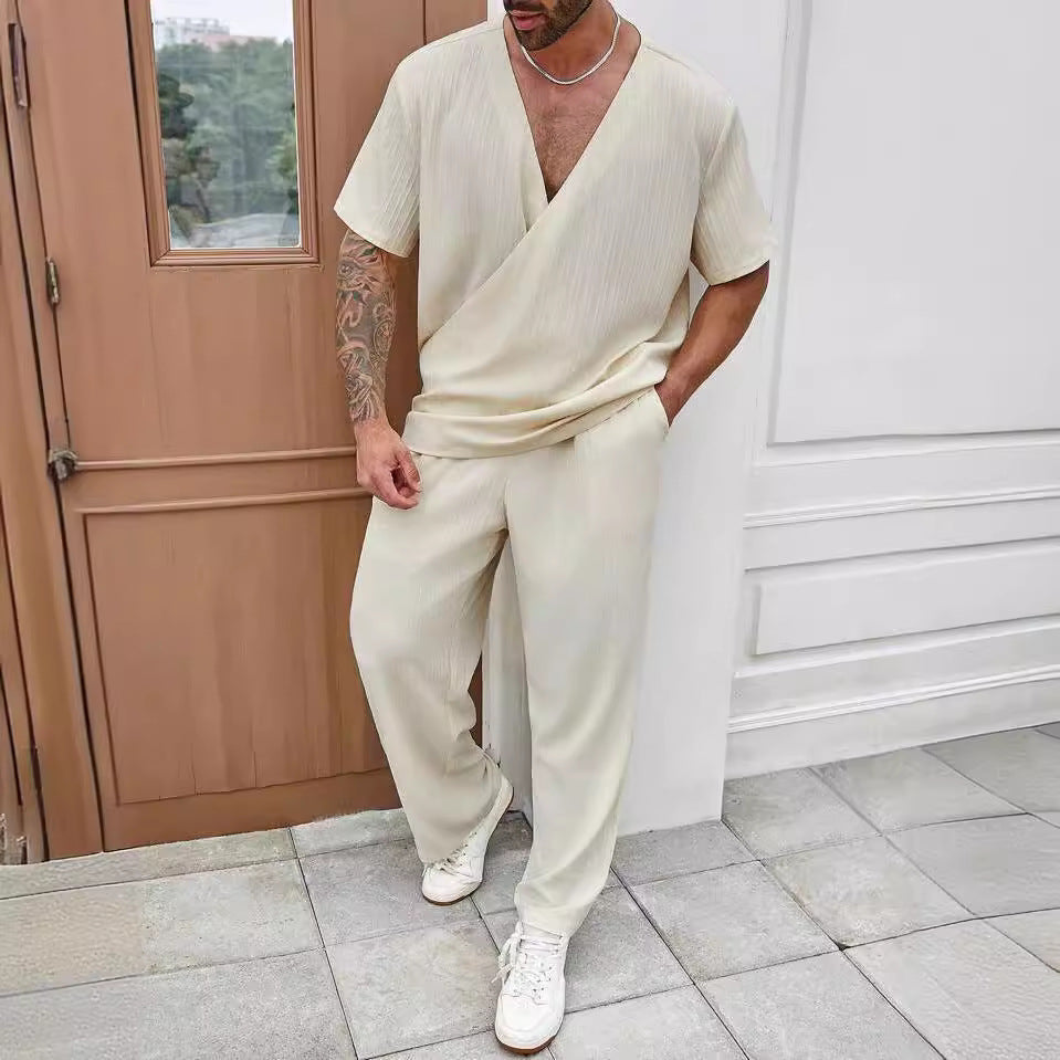 Men's Summer Set – Casual Short-Sleeved V-Neck T-Shirt and Airy Trousers – Comfortable Fit for Leisure and Everyday Wear