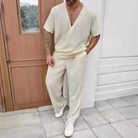 Men's Summer Set – Casual Short-Sleeved V-Neck T-Shirt and Airy Trousers – Comfortable Fit for Leisure and Everyday Wear