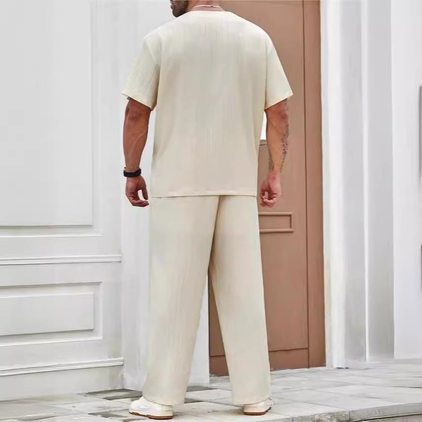 Men's Summer Set – Casual Short-Sleeved V-Neck T-Shirt and Airy Trousers – Comfortable Fit for Leisure and Everyday Wear