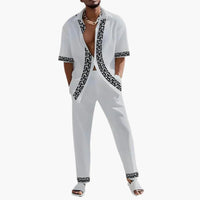Men's Summer Two-Piece Set with Greek Key Pattern and Short-Sleeved Shirt