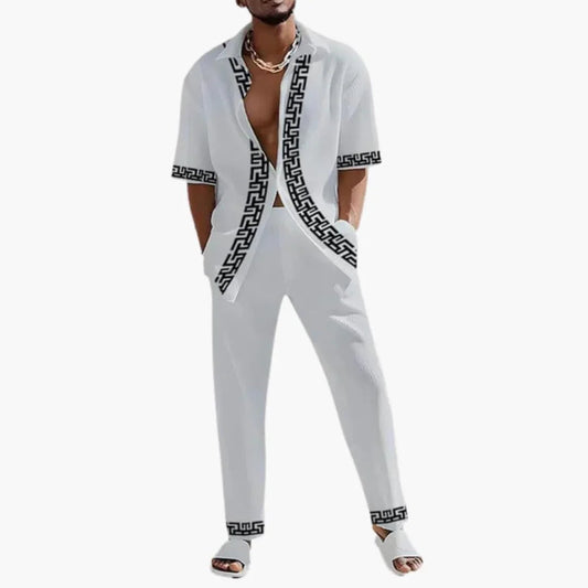 Men's Summer Two-Piece Set with Greek Key Pattern and Short-Sleeved Shirt
