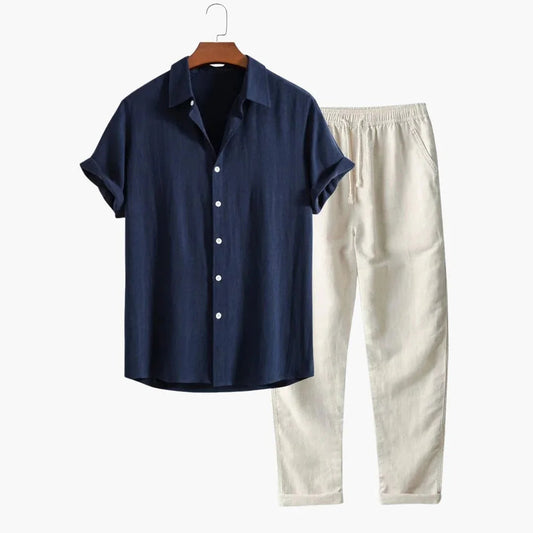 Men's Summer Two-Piece Set with Short-Sleeve Shirt and Tapered Trousers