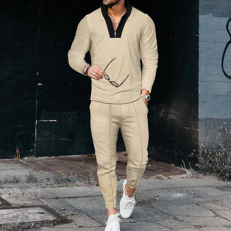 Men's Two-Piece Casual Set with Zip Top and Trousers