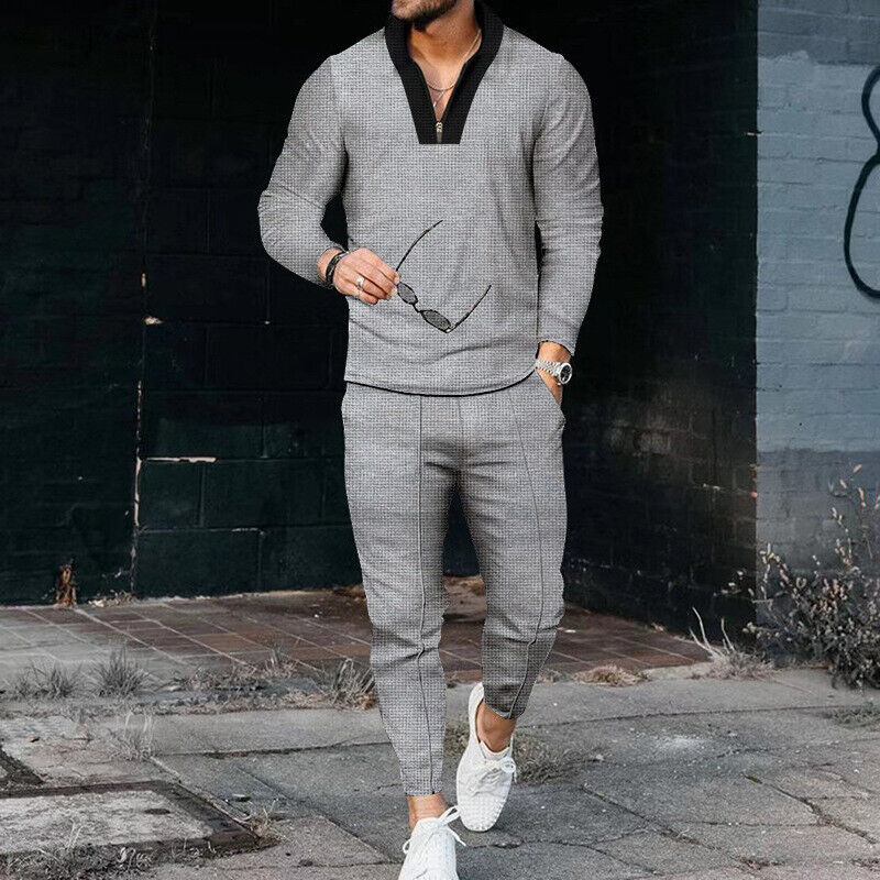 Men's Two-Piece Casual Set with Zip Top and Trousers