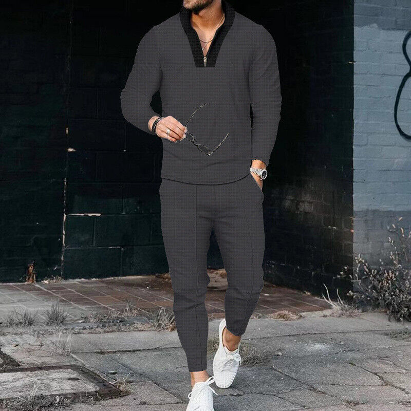 Men's Two-Piece Casual Set with Zip Top and Trousers