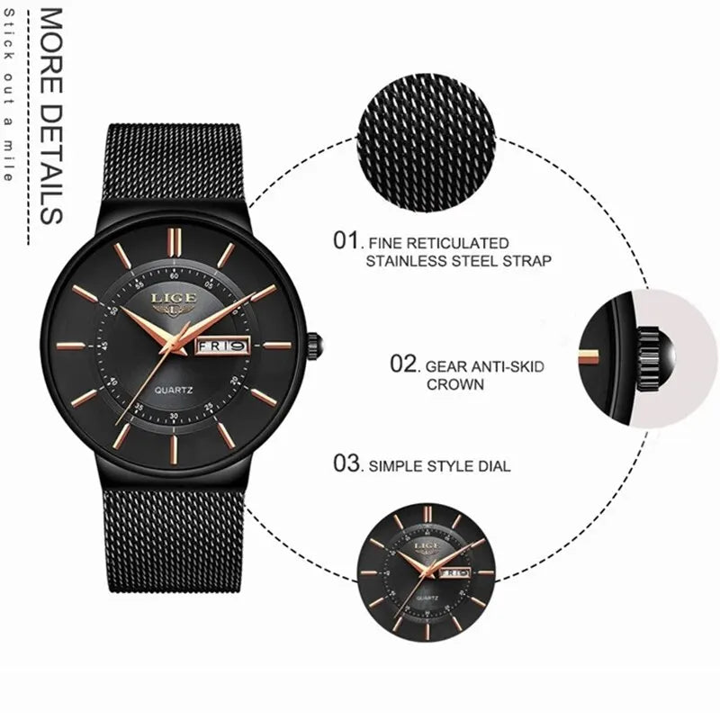 Men's Ultra-Thin Waterproof Stainless Steel Quartz Watch – Elegant Sports Watch with Date Display