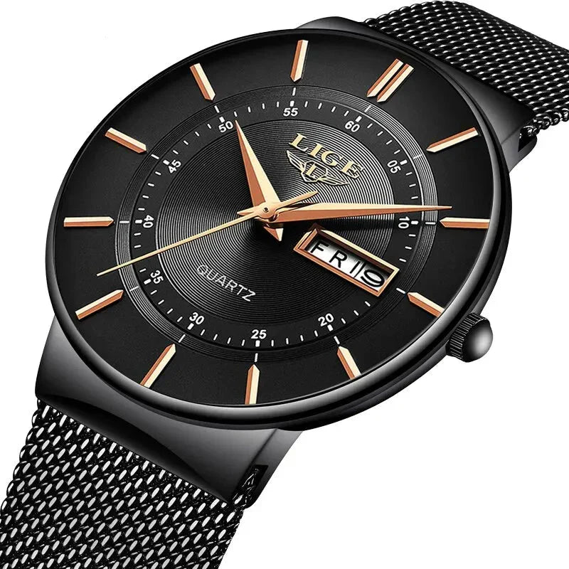 Men's Ultra-Thin Waterproof Stainless Steel Quartz Watch with Date Display