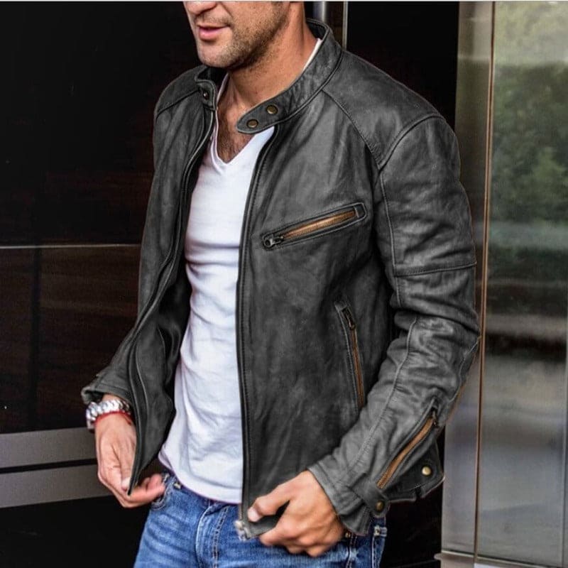 Men's Waterproof Leather Jacket with Zipper Detail