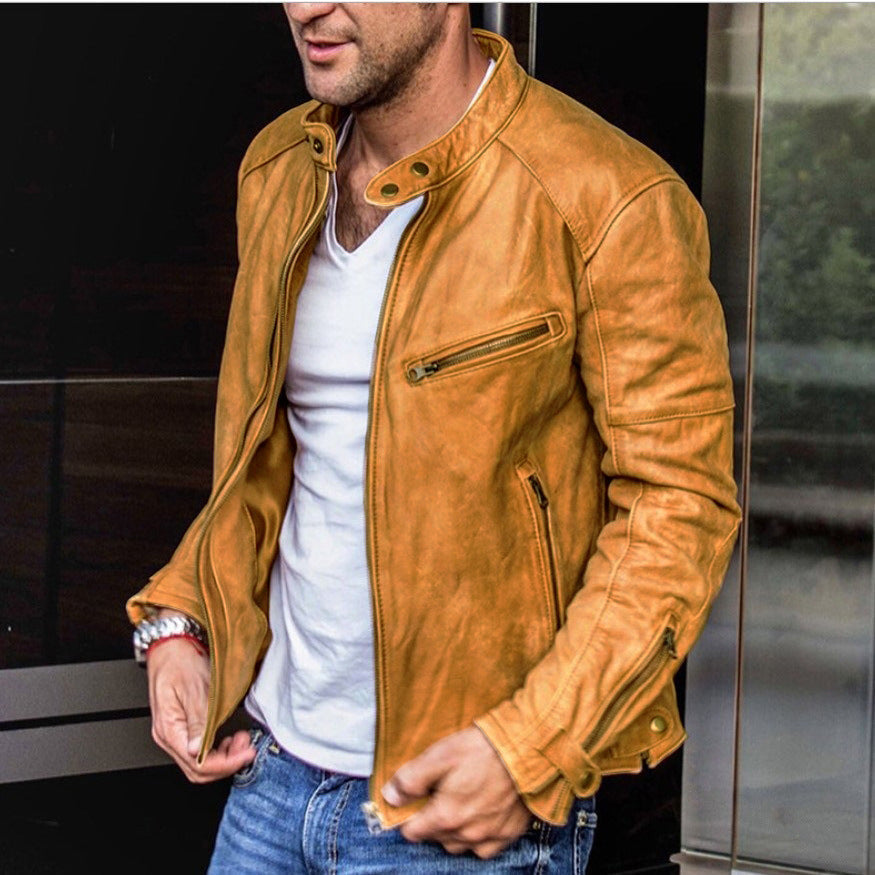 Men's Waterproof Leather Jacket with Zipper Detail