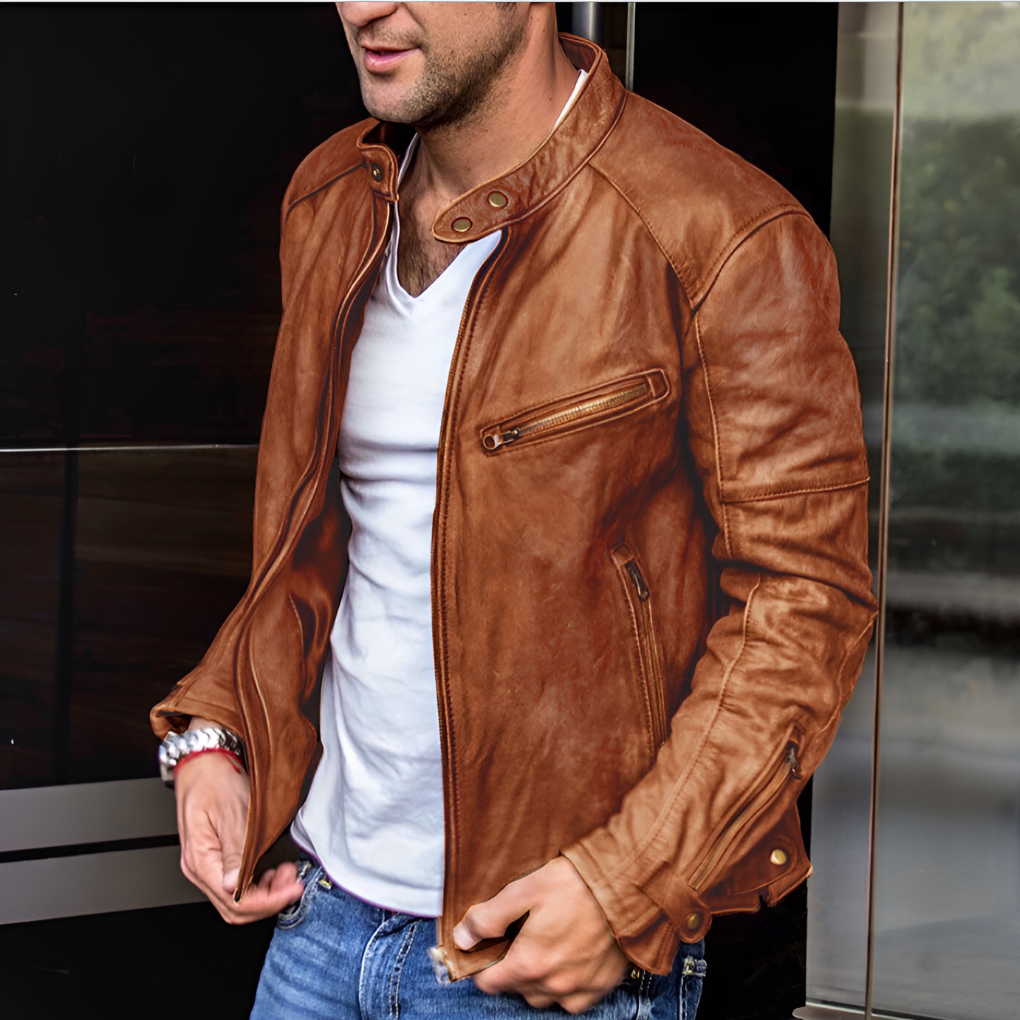 Men's Waterproof Leather Jacket with Zipper Detail