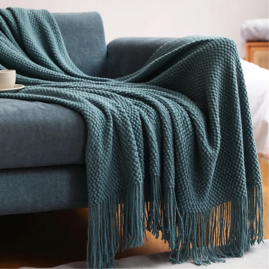 Merino-Style Knit Throw Blanket with Tassels