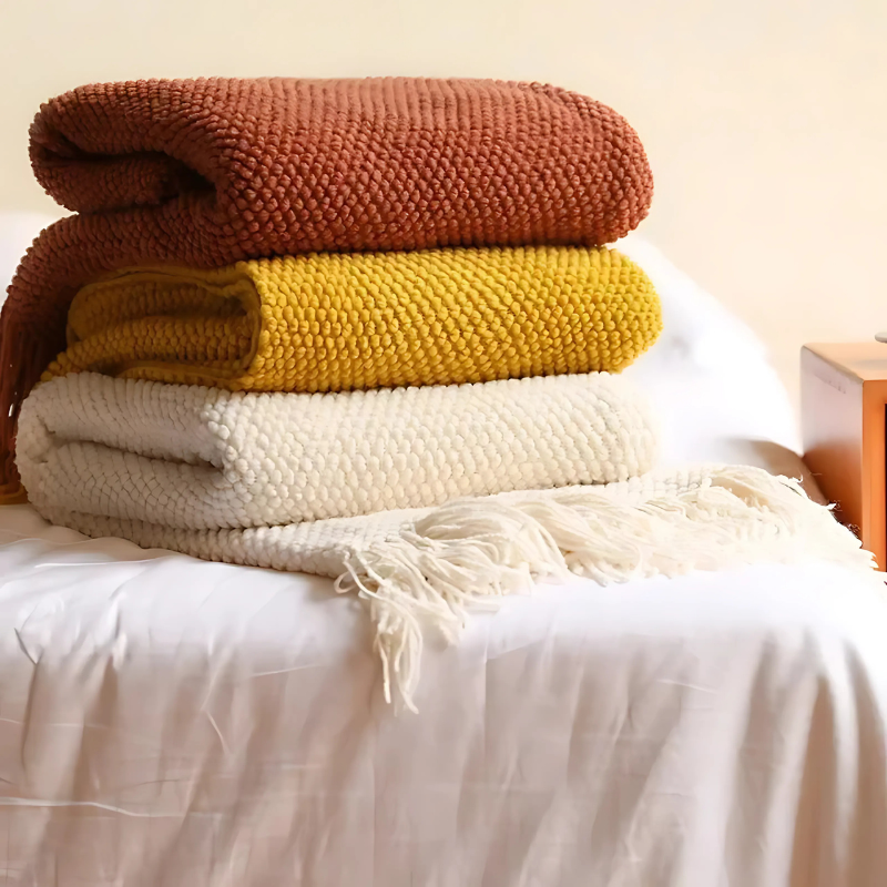 Merino-Style Knit Throw Blanket with Tassels