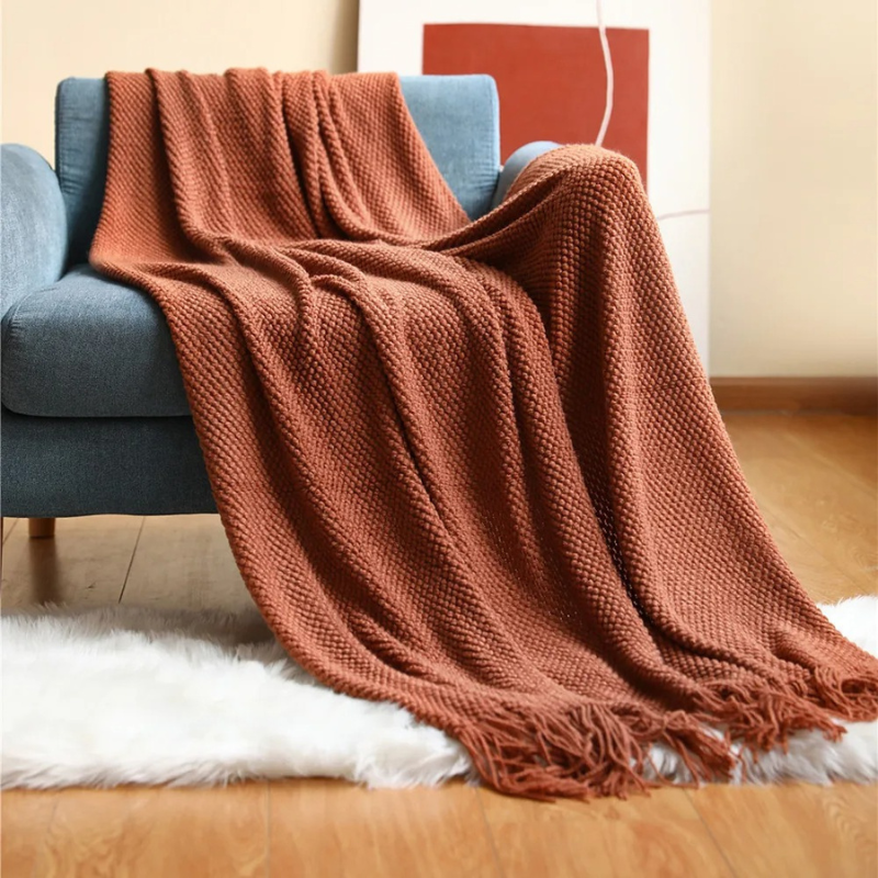 Merino-Style Knit Throw Blanket with Tassels