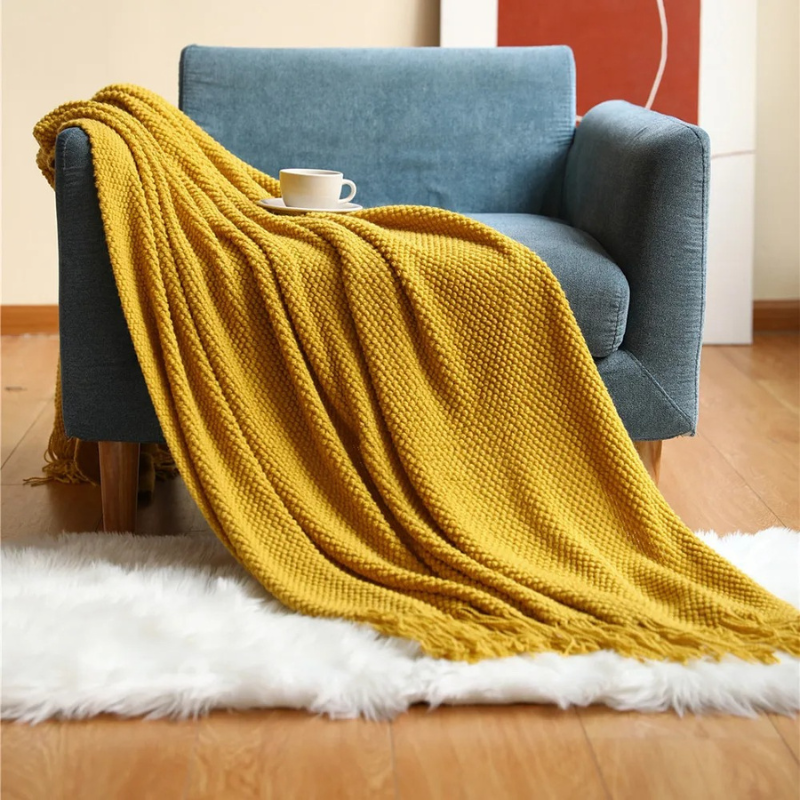 Merino-Style Knit Throw Blanket with Tassels
