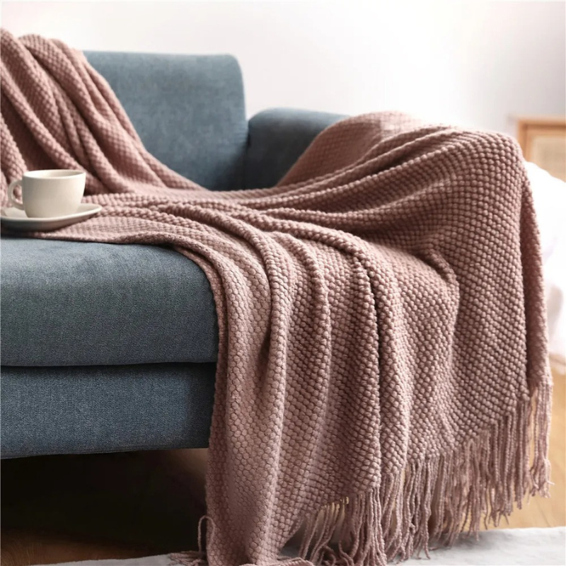 Merino-Style Knit Throw Blanket with Tassels