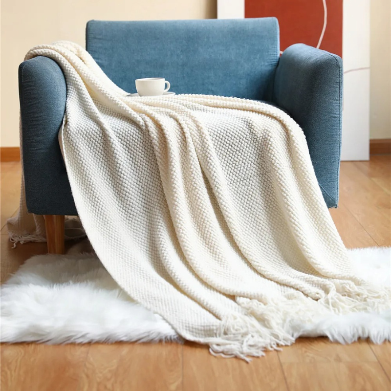 Merino-Style Knit Throw Blanket with Tassels