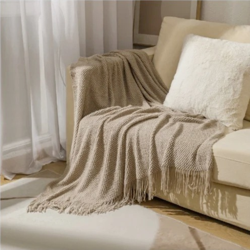 Merino-Style Knit Throw Blanket with Tassels