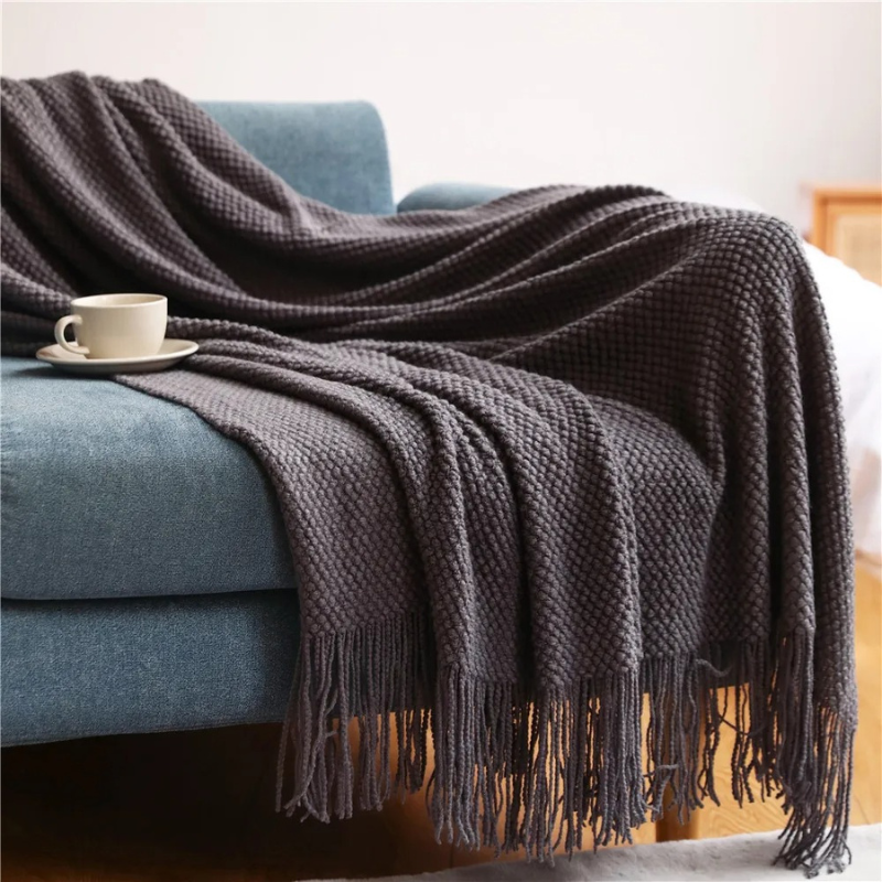 Merino-Style Knit Throw Blanket with Tassels