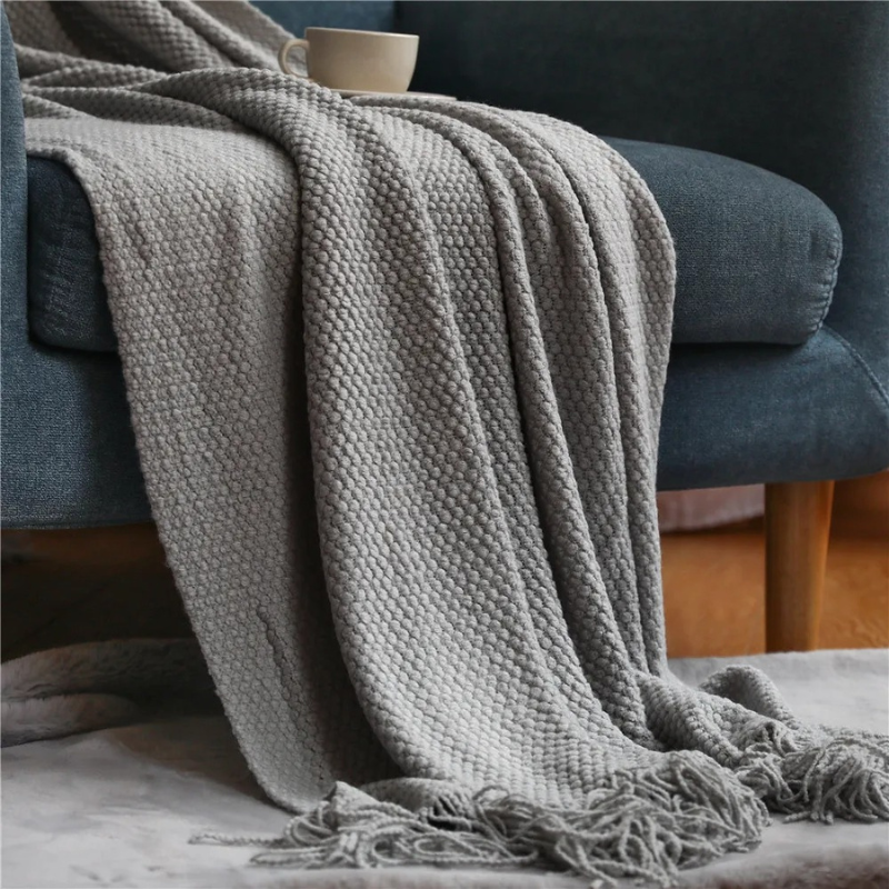 Merino-Style Knit Throw Blanket with Tassels