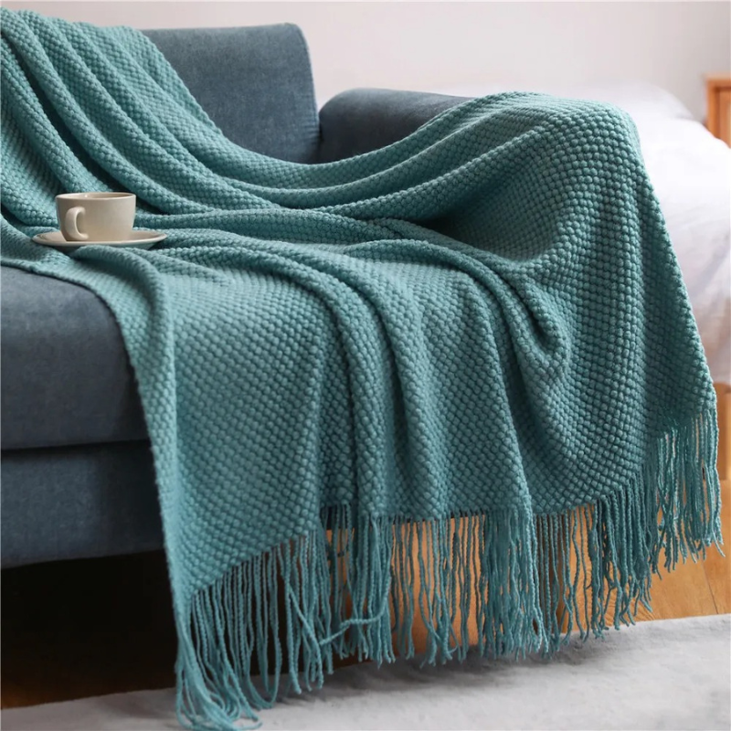 Merino-Style Knit Throw Blanket with Tassels