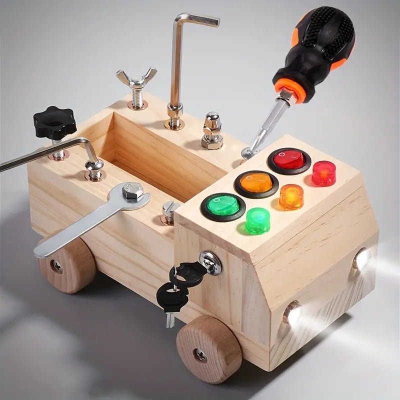 Montessori Car Activity Board Toy - Wooden Busy Board with Lights, Switches, and Key Lock for Toddlers