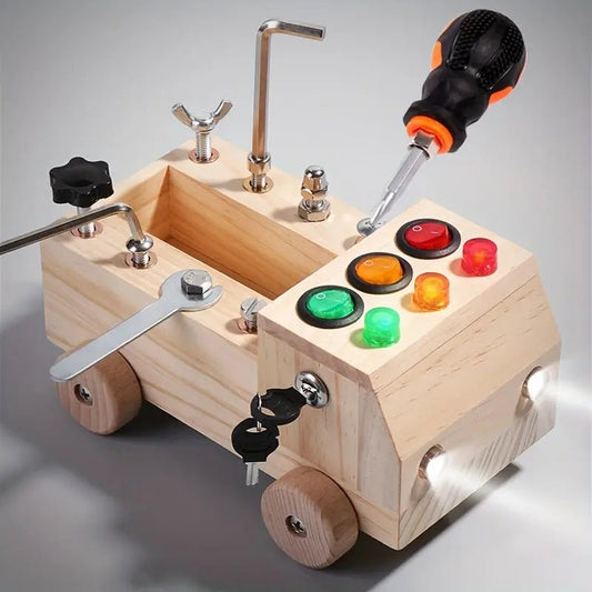 Montessori Car Activity Board Toy - Wooden Busy Board with Lights, Switches, and Key Lock for Toddlers