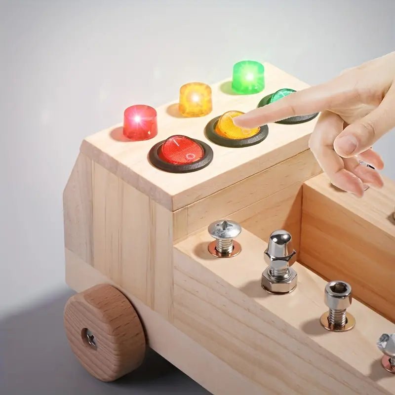 Montessori Car Activity Board Toy - Wooden Busy Board with Lights, Switches, and Key Lock for Toddlers