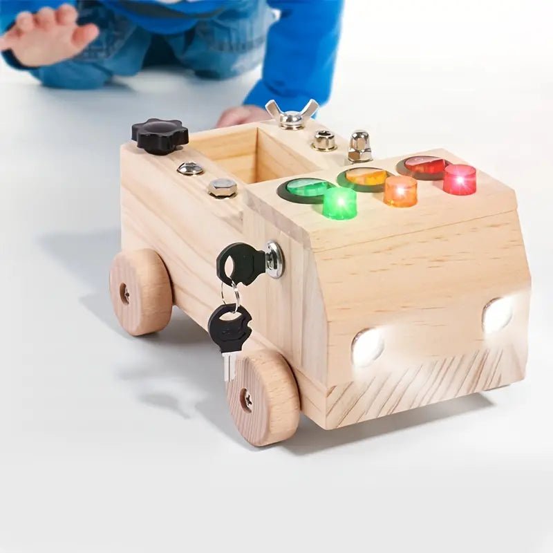 Montessori Car Activity Board Toy - Wooden Busy Board with Lights, Switches, and Key Lock for Toddlers
