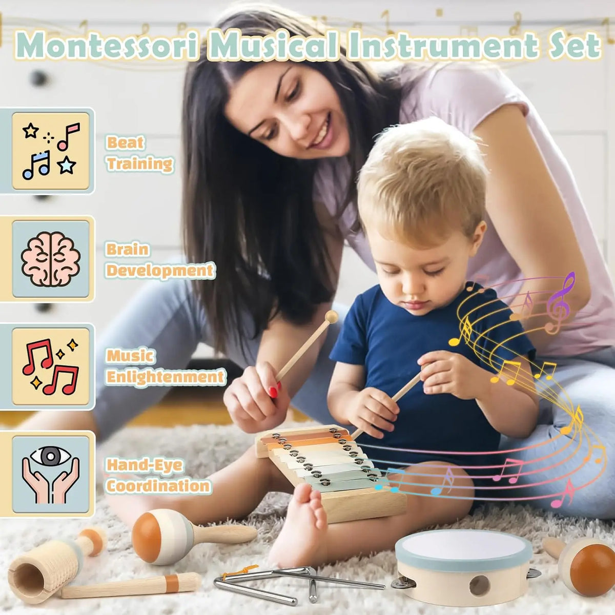 Montessori Wooden Musical Instrument Set for Toddlers - Professionally Tuned Xylophone, Maracas & More - Educational Gift for Preschoolers