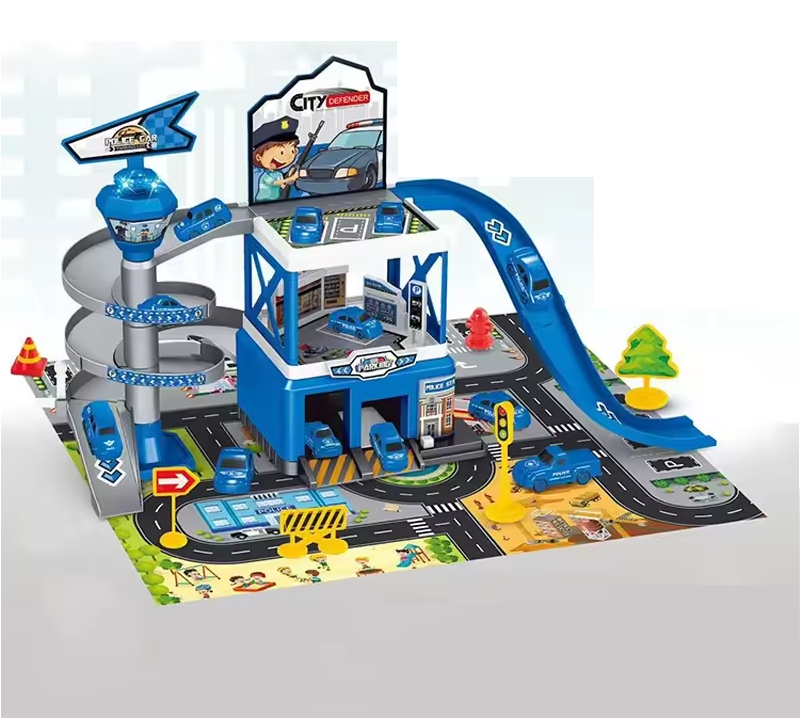 Multi-Level Fire Station Garage Playset with Fire Trucks and Road Signs for Kids