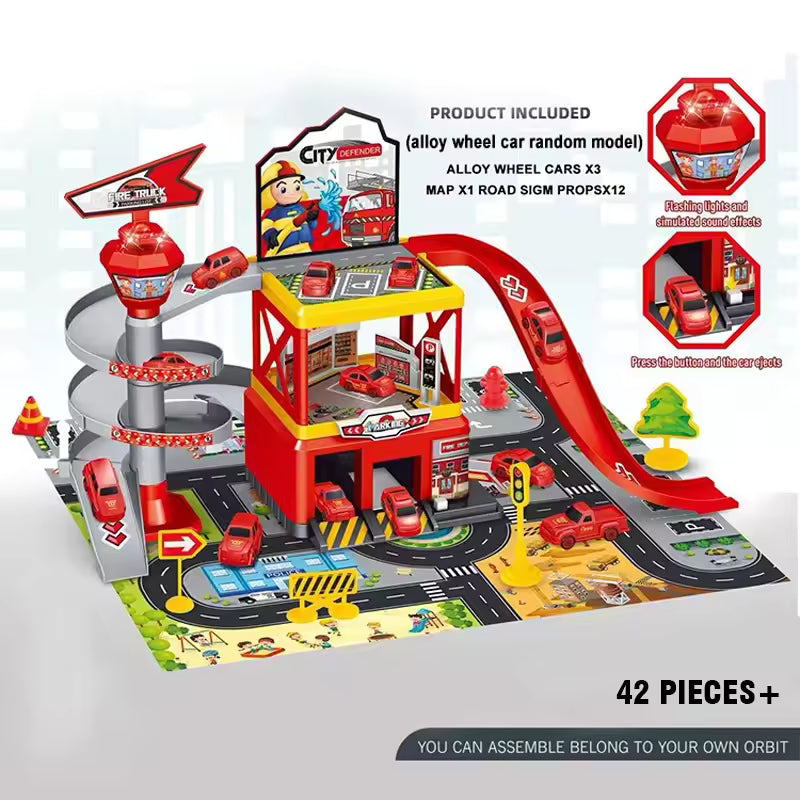 Multi-Level Fire Station Garage Playset with Fire Trucks and Road Signs for Kids